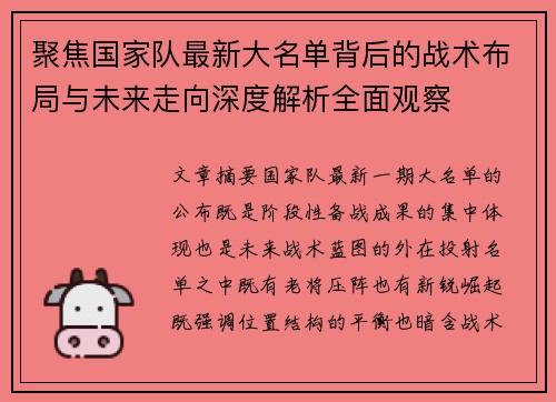 聚焦国家队最新大名单背后的战术布局与未来走向深度解析全面观察 聚焦国家队最新大名单背后的战术布局与未来走向深度解析全面观察